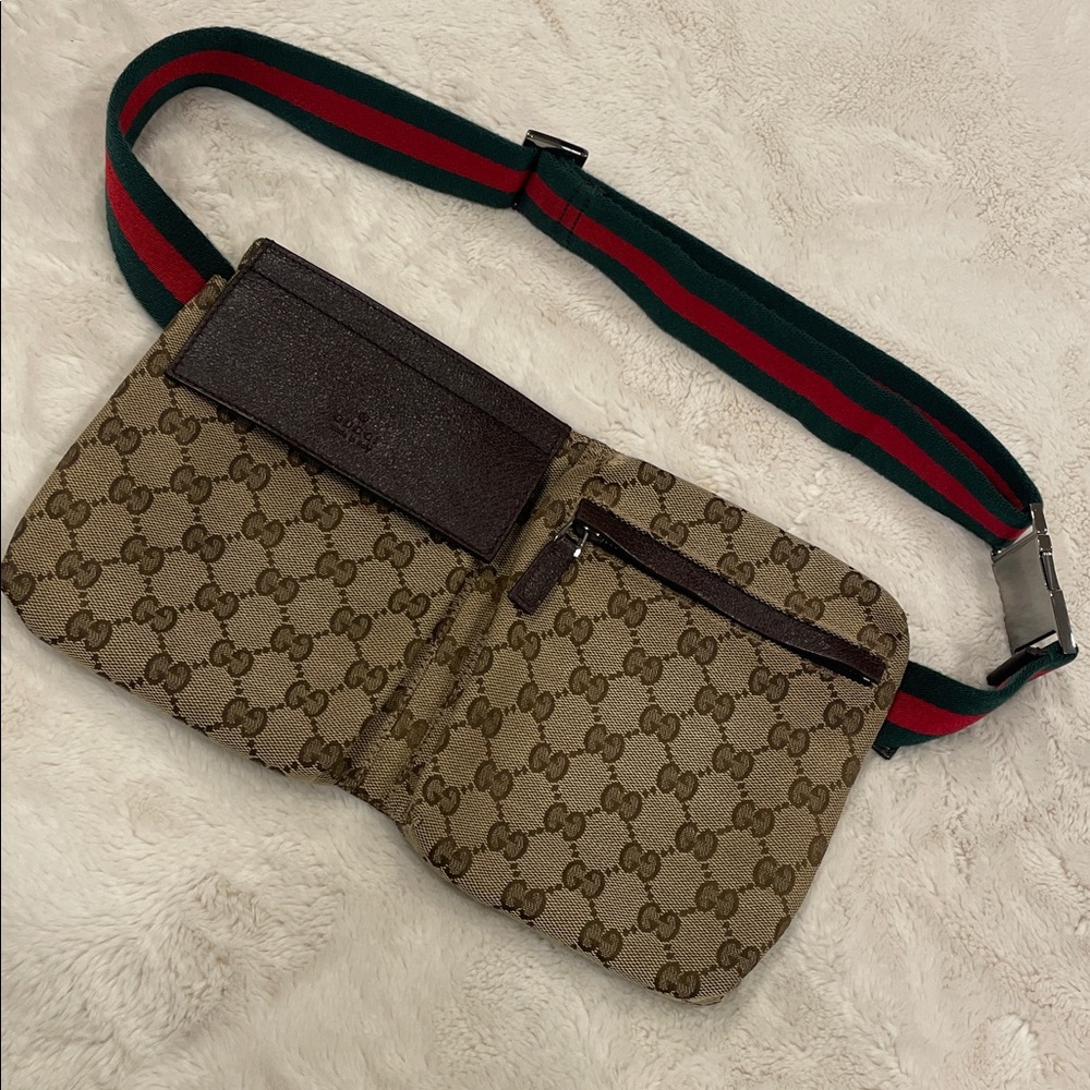 Authentic Gucci Beige and Brown Monogram Belt Bag